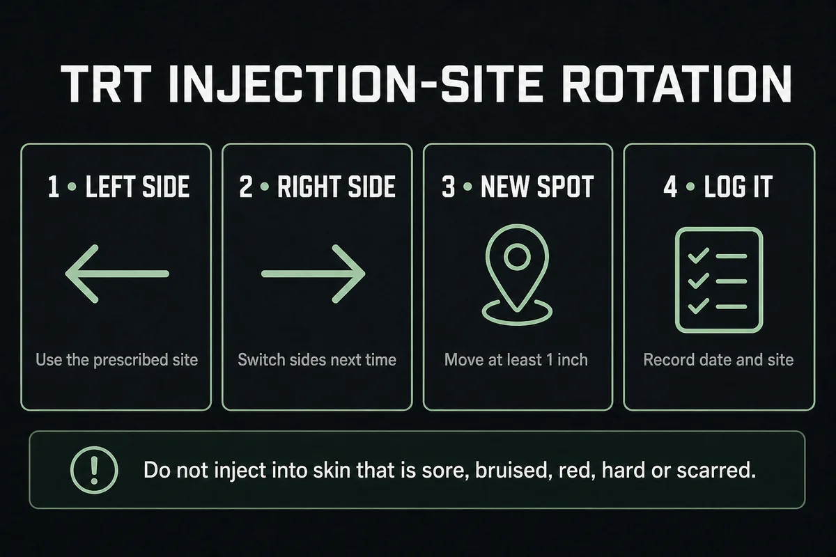 Four-step TRT injection-site rotation guide covering side changes, spacing, and site logging.