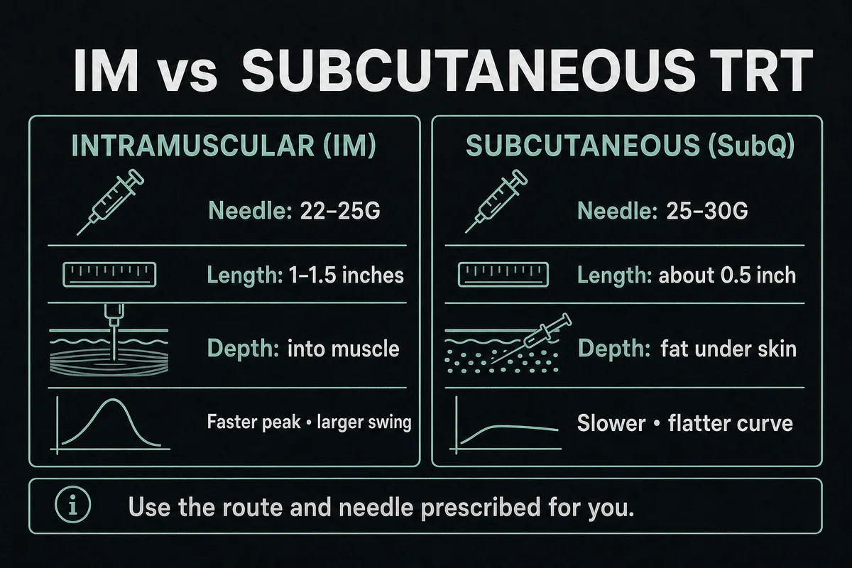 Comparison of intramuscular and subcutaneous TRT needle sizes, depth, and absorption pattern.