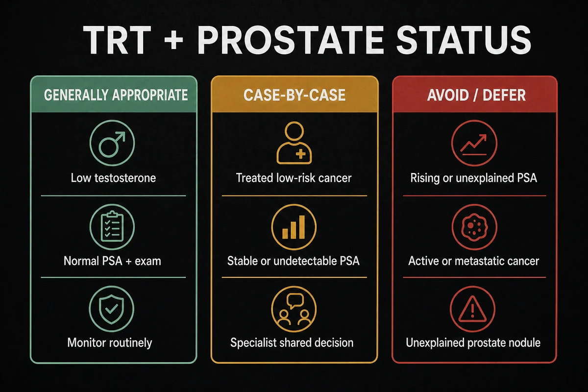 TRT prostate status framework showing generally appropriate, case-by-case, and avoid or defer situations.