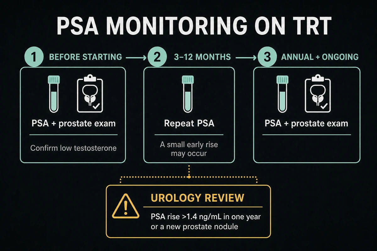 PSA monitoring timeline before and during TRT with urology referral triggers.