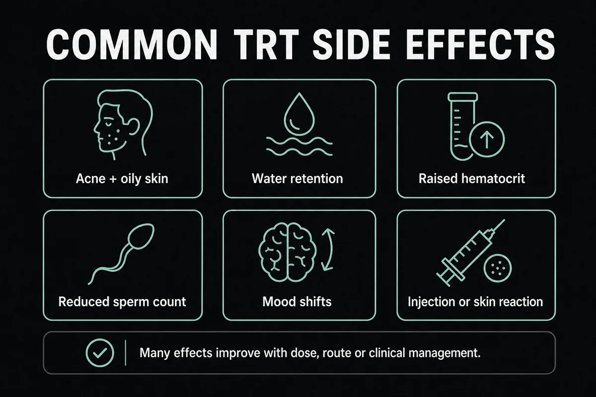 Six common TRT side effects including acne, water retention, raised hematocrit, and reduced sperm count.