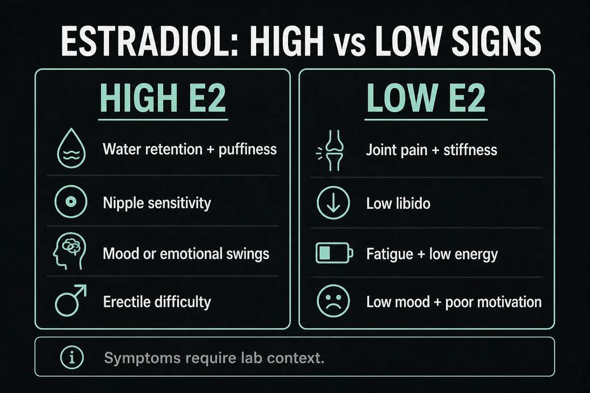 Comparison of possible high-estradiol and low-estradiol signs during TRT.