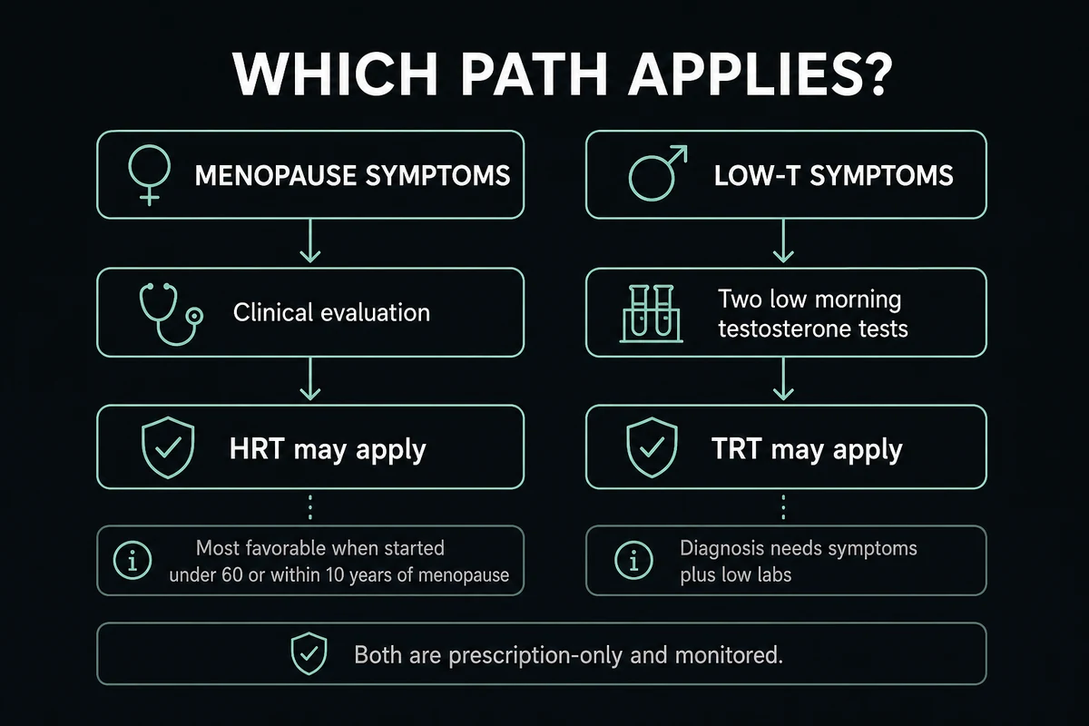 Decision pathway comparing evaluation for menopausal HRT with diagnosis for TRT.