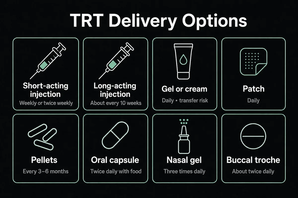 Eight-card comparison of common TRT delivery options and routines.