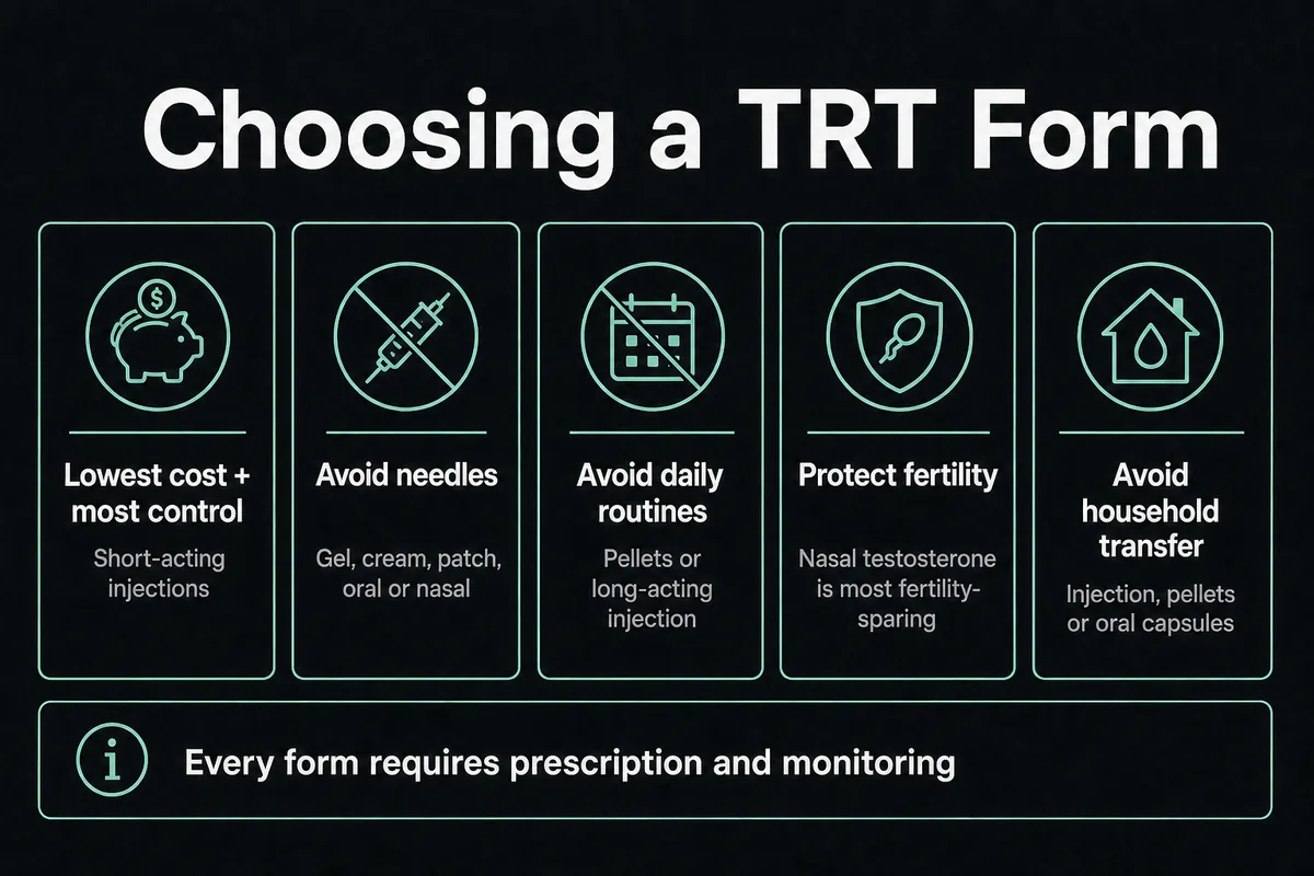 Decision guide matching TRT forms to cost, needle preference, routine, fertility, and transfer considerations.